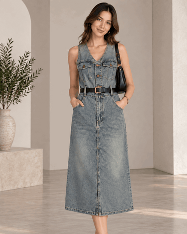 Combinaison-pantalon boutonnée avec ceinture – Bleu jean