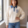 Pull polo à col en jean brodé – Blanc
